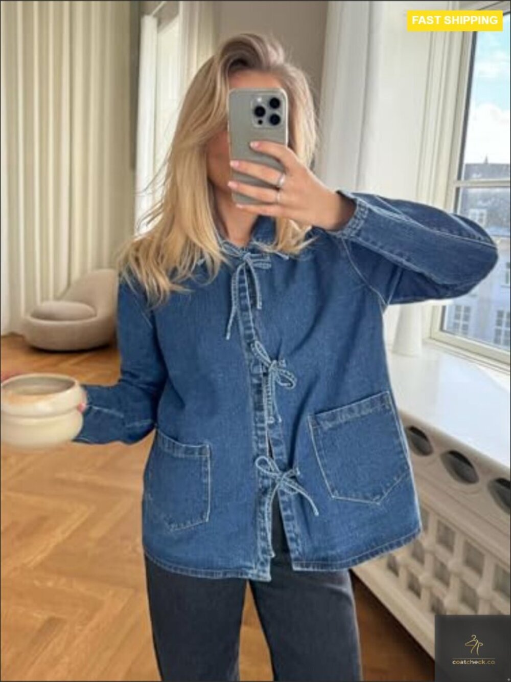 Tie Front Denim Shacket Oversized Loose Fit Y2K Chic Casual Top with Pockets - Picture 2 of 6